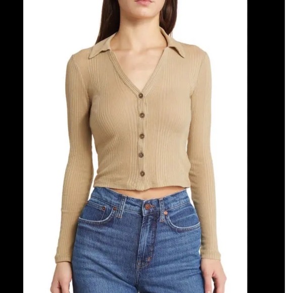 Madewell Sweaters - Madewell | Women's Tan Brown Long Sleeve Ribbed Knit Button Front Cropped Top, M